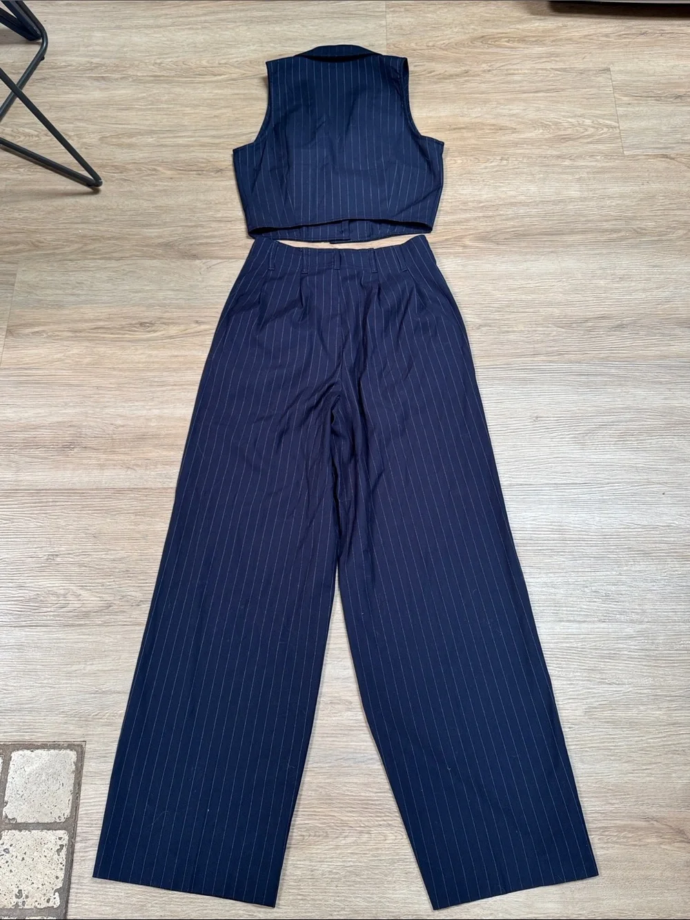VENUS Navy Pinstripe Wide-Leg Pants with Matching Cropped Vest